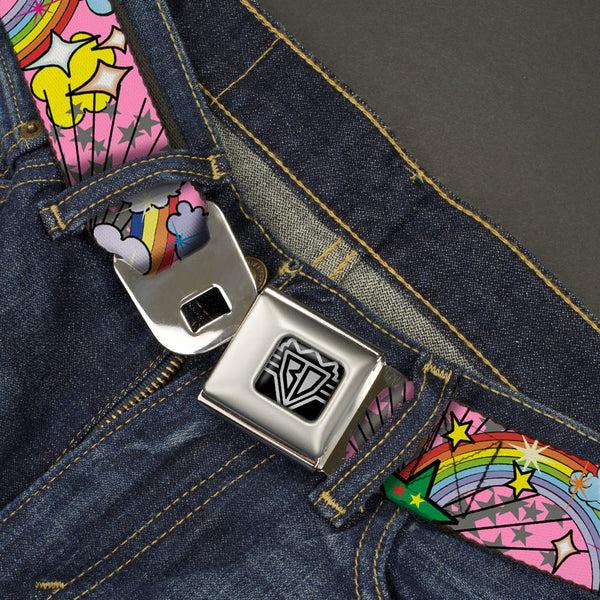Buckle Down BD Wings Logo CLOSE-UP Full Color Black Silver Seatbelt Belt - Rainbow Cloud Stars Pink Webbing