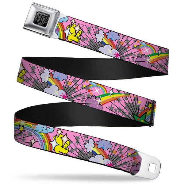buckle down BD Wings Logo CLOSE-UP Full Color Black Silver Seatbelt Belt - Rainbow Cloud Stars Pink Webbing