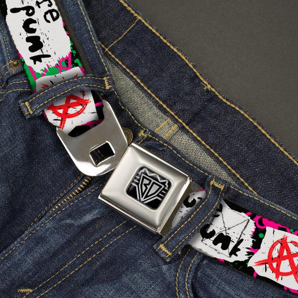 Buckle Down BD Wings Logo CLOSE-UP Full Color Black Silver Seatbelt Belt - Pure Punk W/Safety Pins Black/Fuchsia/White Webbing