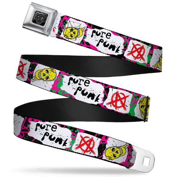buckle down BD Wings Logo CLOSE-UP Full Color Black Silver Seatbelt Belt - Pure Punk w/Safety Pins Black/Fuchsia/White Webbing