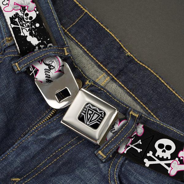 Buckle Down BD Wings Logo CLOSE-UP Full Color Black Silver Seatbelt Belt - Punk Heart & Cross Bones W/Skulls & Splatter Black/White Webbing