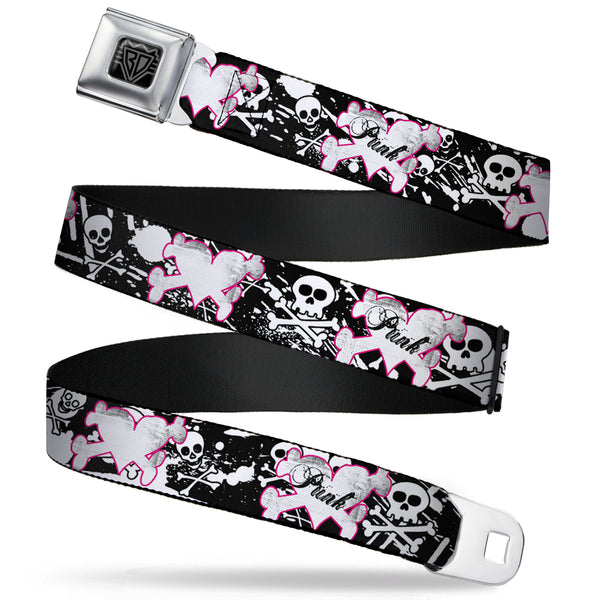 buckle down BD Wings Logo CLOSE-UP Full Color Black Silver Seatbelt Belt - Punk Heart & Cross Bones w/Skulls & Splatter Black/White Webbing