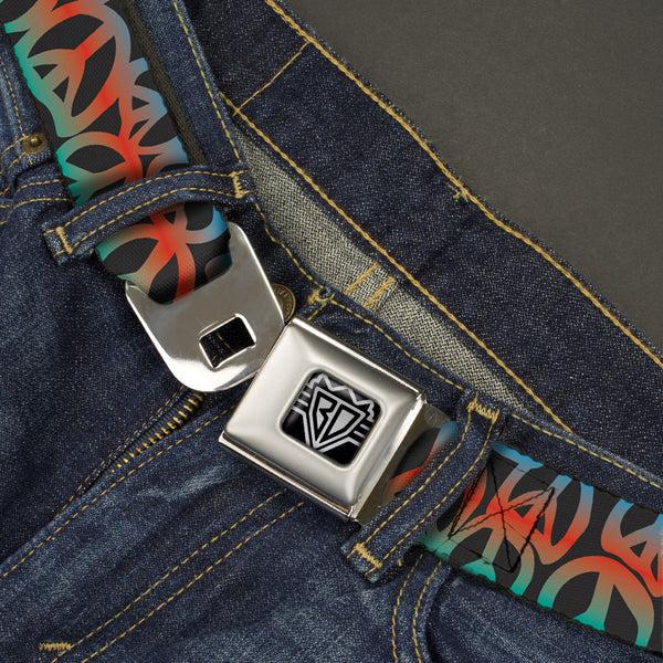 Buckle Down BD Wings Logo CLOSE-UP Full Color Black Silver Seatbelt Belt - Peace Black/Multi Color Webbing