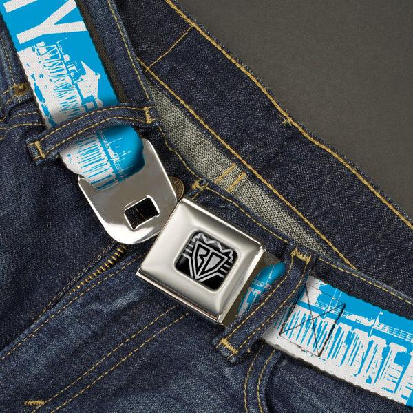 Buckle Down BD Wings Logo CLOSE-UP Full Color Black Silver Seatbelt Belt - ORANGE COUNTY/Pier Scene Blue/White Webbing