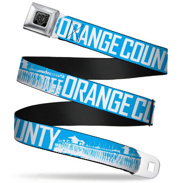 buckle down BD Wings Logo CLOSE-UP Full Color Black Silver Seatbelt Belt - ORANGE COUNTY/Pier Scene Blue/White Webbing