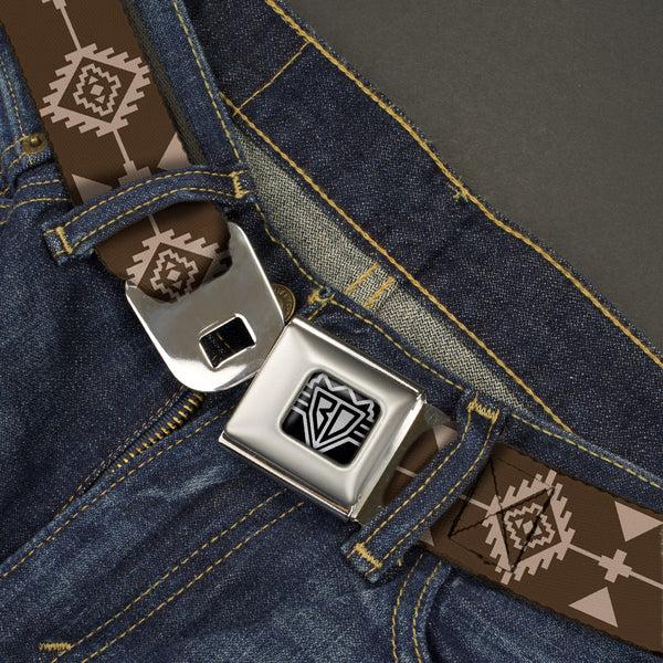 Buckle Down BD Wings Logo CLOSE-UP Full Color Black Silver Seatbelt Belt - Navajo3 Brown/Tan Webbing