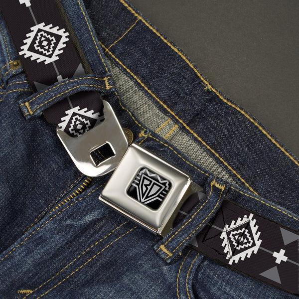 Buckle Down BD Wings Logo CLOSE-UP Full Color Black Silver Seatbelt Belt - Navajo3 Black/Gray/White Webbing