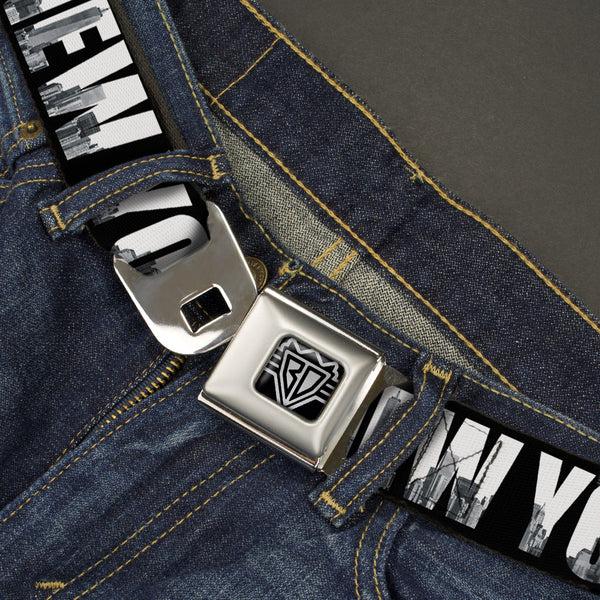 Buckle Down BD Wings Logo CLOSE-UP Full Color Black Silver Seatbelt Belt - NEW YORK Bold/Vivid Skyline Black/White/Tonal Grays Webbing