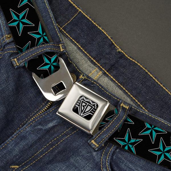 Buckle Down BD Wings Logo CLOSE-UP Full Color Black Silver Seatbelt Belt - Nautical Stars Scattered Black/Turquoise Webbing