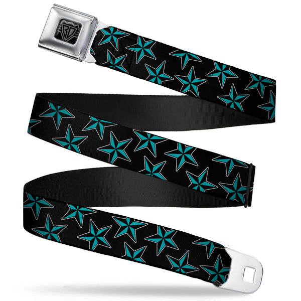 buckle down BD Wings Logo CLOSE-UP Full Color Black Silver Seatbelt Belt - Nautical Stars Scattered Black/Turquoise Webbing