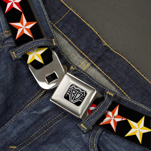 Buckle Down BD Wings Logo CLOSE-UP Full Color Black Silver Seatbelt Belt - Nautical Star Black/Multi Color Webbing