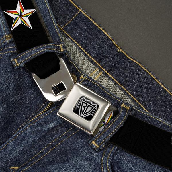 Buckle Down BD Wings Logo CLOSE-UP Full Color Black Silver Seatbelt Belt - Nautical Star Black/White/Rainbow Webbing