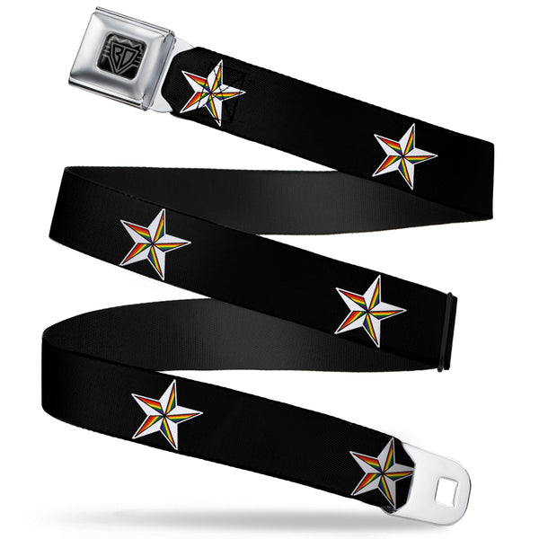 buckle down BD Wings Logo CLOSE-UP Full Color Black Silver Seatbelt Belt - Nautical Star Black/White/Rainbow Webbing