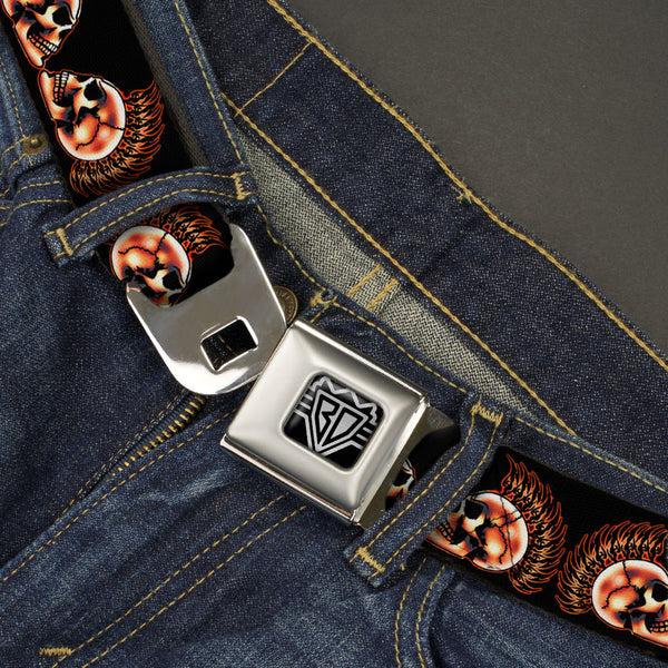 Buckle Down BD Wings Logo CLOSE-UP Full Color Black Silver Seatbelt Belt - Mohawk Skulls - NO Star Webbing