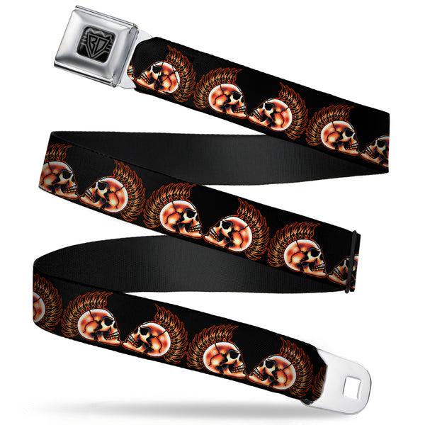 buckle down BD Wings Logo CLOSE-UP Full Color Black Silver Seatbelt Belt - Mohawk Skulls - NO Star Webbing