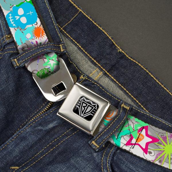 Buckle Down BD Wings Logo CLOSE-UP Full Color Black Silver Seatbelt Belt - Music Skulls Multi Color Webbing