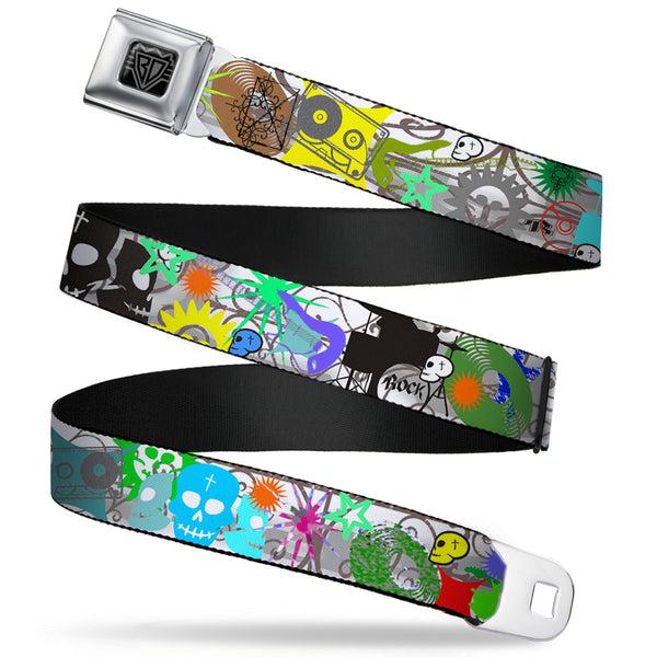 buckle down BD Wings Logo CLOSE-UP Full Color Black Silver Seatbelt Belt - Music Skulls Multi Color Webbing