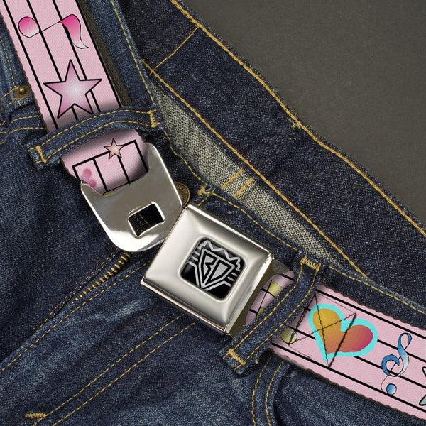 Buckle Down BD Wings Logo CLOSE-UP Full Color Black Silver Seatbelt Belt - Music Notes Pink Webbing