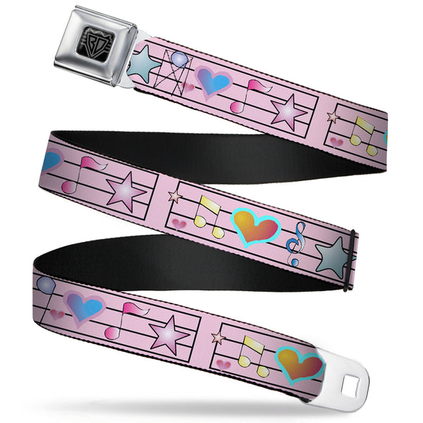 buckle down BD Wings Logo CLOSE-UP Full Color Black Silver Seatbelt Belt - Music Notes Pink Webbing