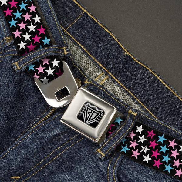 Buckle Down BD Wings Logo CLOSE-UP Full Color Black Silver Seatbelt Belt - Mini Stars Black/Pink/Blue/White Webbing