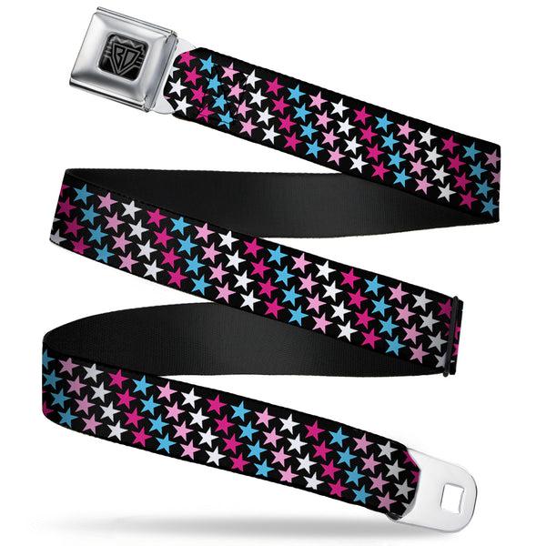 buckle down BD Wings Logo CLOSE-UP Full Color Black Silver Seatbelt Belt - Mini Stars Black/Pink/Blue/White Webbing