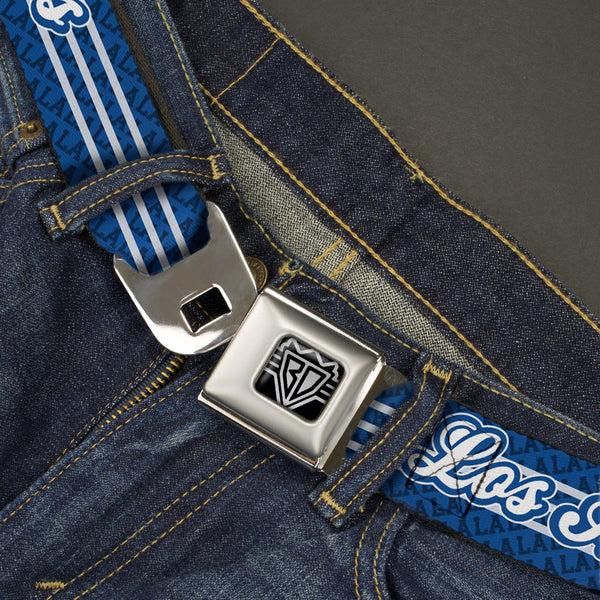 Buckle Down BD Wings Logo CLOSE-UP Full Color Black Silver Seatbelt Belt - LOS ANGELES Script/LA 3-Stripe Blues/White Webbing