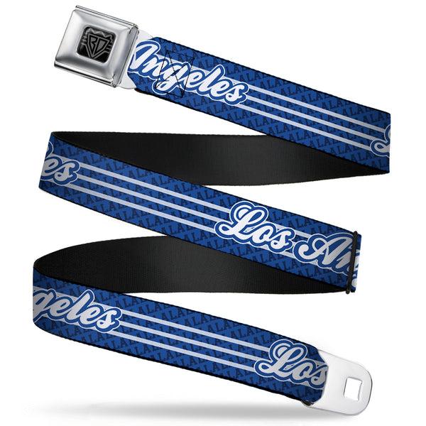 buckle down BD Wings Logo CLOSE-UP Full Color Black Silver Seatbelt Belt - LOS ANGELES Script/LA 3-Stripe Blues/White Webbing