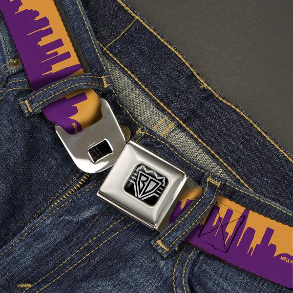 Buckle Down BD Wings Logo CLOSE-UP Full Color Black Silver Seatbelt Belt - Los Angeles Solid Skyline/LA Gold/Purple Webbing