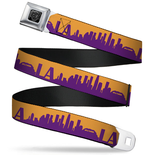 buckle down BD Wings Logo CLOSE-UP Full Color Black Silver Seatbelt Belt - Los Angeles Solid Skyline/LA Gold/Purple Webbing