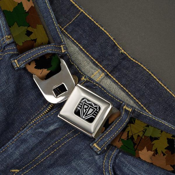 Buckle Down BD Wings Logo CLOSE-UP Full Color Black Silver Seatbelt Belt - Leaf/Branch Camo Tan/Browns/Greens Webbing