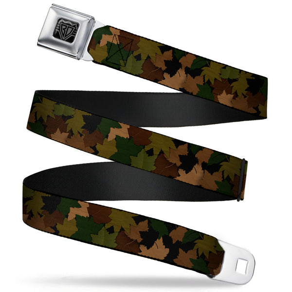 buckle down BD Wings Logo CLOSE-UP Full Color Black Silver Seatbelt Belt - Leaf/Branch Camo Tan/Browns/Greens Webbing