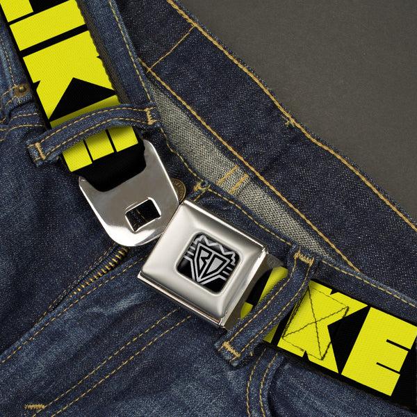 Buckle Down BD Wings Logo CLOSE-UP Full Color Black Silver Seatbelt Belt - LIKE A BOSS Black/Yellow Webbing