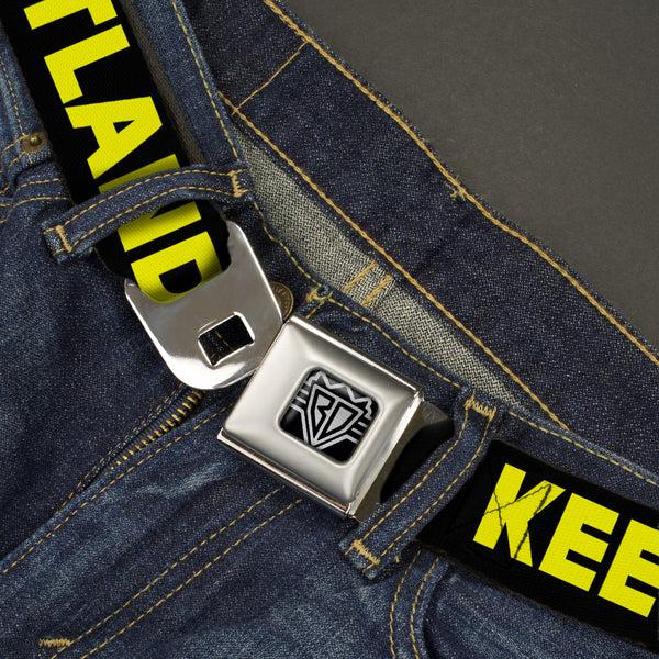 Buckle Down BD Wings Logo CLOSE-UP Full Color Black Silver Seatbelt Belt - KEEP PORTLAND WEIRD Black/Yellow Webbing