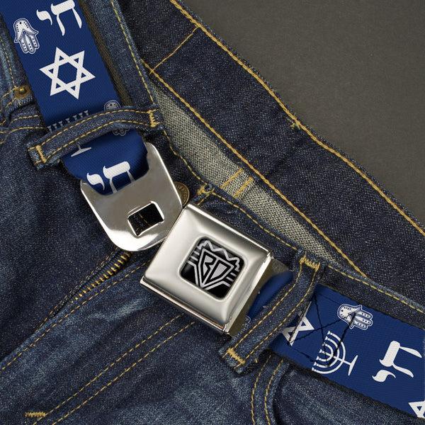 Buckle Down BD Wings Logo CLOSE-UP Full Color Black Silver Seatbelt Belt - Jewish Symbols-4 Blue/White Webbing