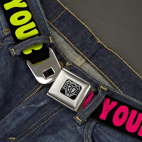 Buckle Down BD Wings Logo CLOSE-UP Full Color Black Silver Seatbelt Belt - IN YOUR DREAMS Black/Pink/Green/Yellow Webbing