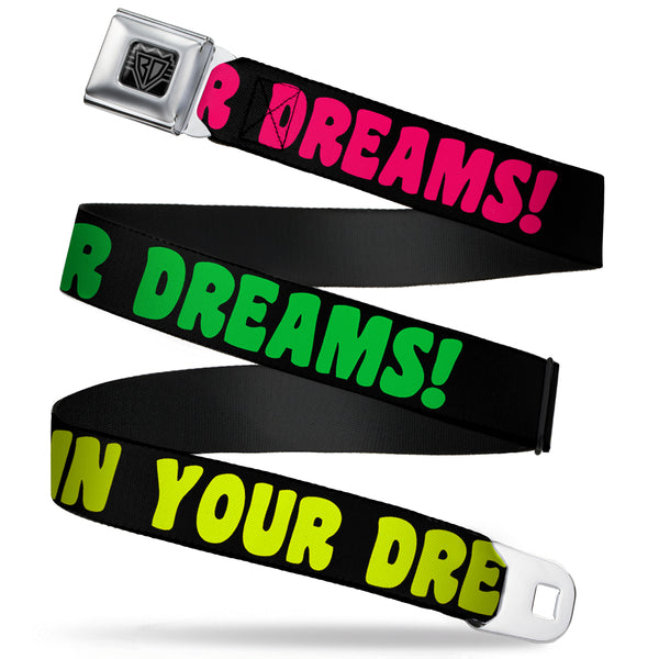 buckle down BD Wings Logo CLOSE-UP Full Color Black Silver Seatbelt Belt - IN YOUR DREAMS Black/Pink/Green/Yellow Webbing