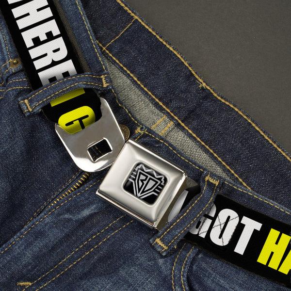Buckle Down BD Wings Logo CLOSE-UP Full Color Black Silver Seatbelt Belt - I GOT HATERS EVERYWHERE Black/White/Yellow Webbing