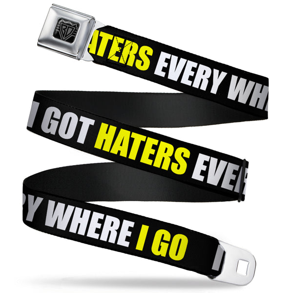 buckle down BD Wings Logo CLOSE-UP Full Color Black Silver Seatbelt Belt - I GOT HATERS EVERYWHERE Black/White/Yellow Webbing