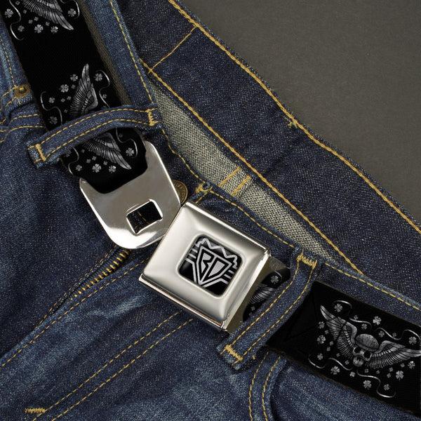 Buckle Down BD Wings Logo CLOSE-UP Full Color Black Silver Seatbelt Belt - I "Heart House Music" Webbing