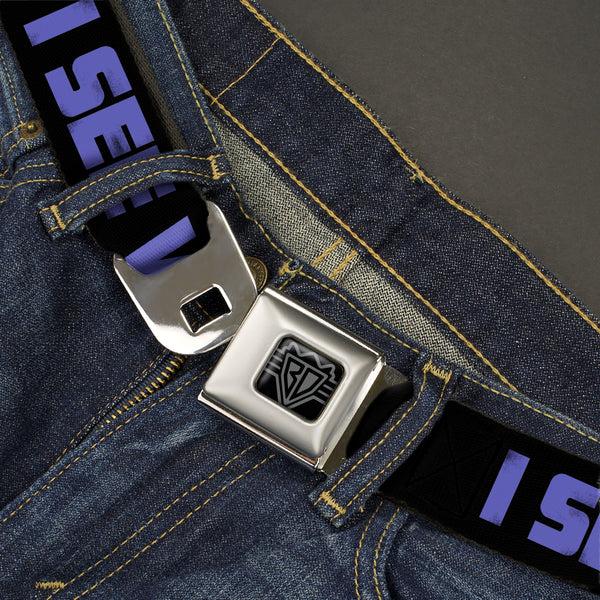 Buckle Down BD Wings Logo CLOSE-UP Full Color Black Silver Seatbelt Belt - I SEE WHAT YOU DID THERE Weathered Black/Purple Webbing