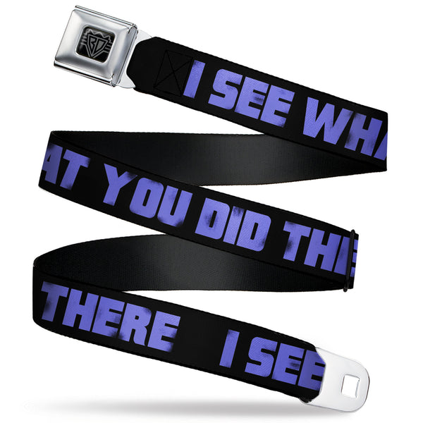 buckle down BD Wings Logo CLOSE-UP Full Color Black Silver Seatbelt Belt - I SEE WHAT YOU DID THERE Weathered Black/Purple Webbing