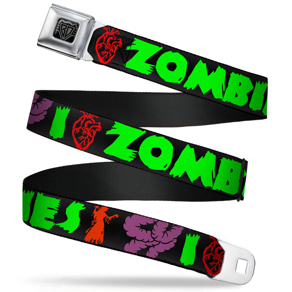 buckle down BD Wings Logo CLOSE-UP Full Color Black Silver Seatbelt Belt - I Heart Zombies Webbing