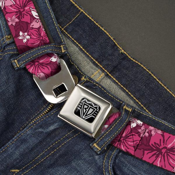Buckle Down BD Wings Logo CLOSE-UP Full Color Black Silver Seatbelt Belt - Hibiscus Collage Pink Shades Webbing