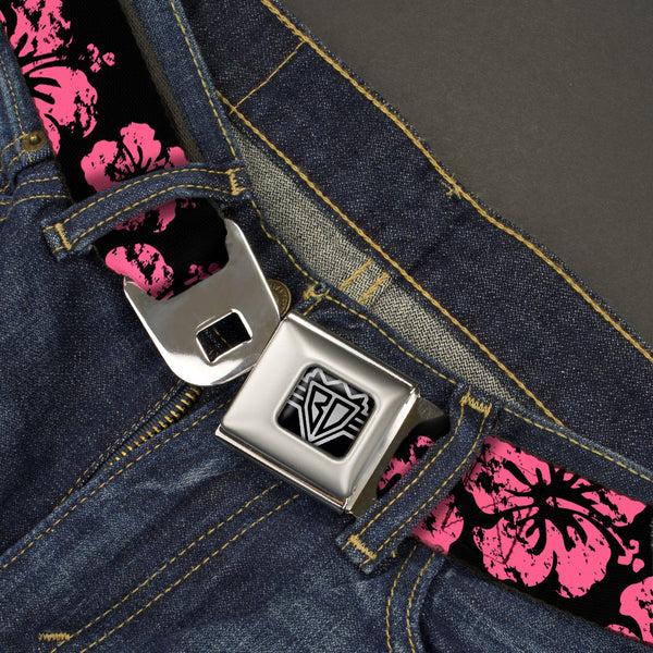 Buckle Down BD Wings Logo CLOSE-UP Full Color Black Silver Seatbelt Belt - Hibiscus Weathered Black/Pink Webbing