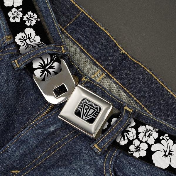 Buckle Down BD Wings Logo CLOSE-UP Full Color Black Silver Seatbelt Belt - Hibiscus Black/White Webbing