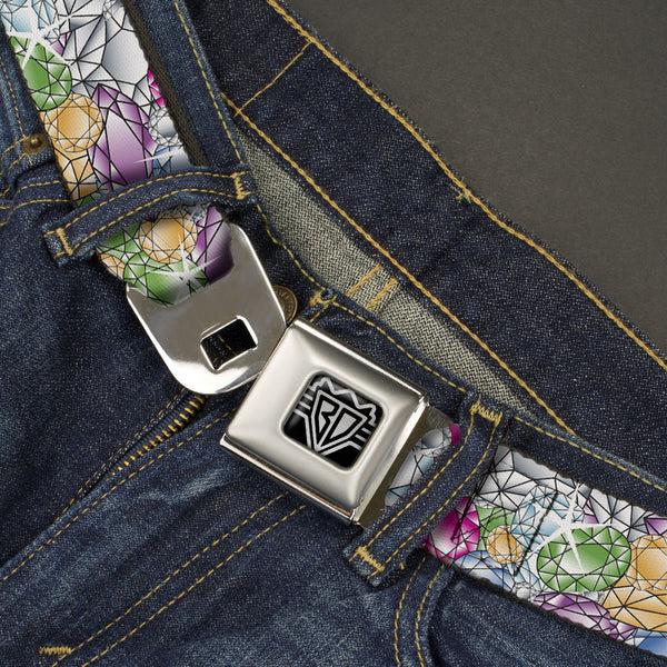 Buckle Down BD Wings Logo CLOSE-UP Full Color Black Silver Seatbelt Belt - Gems Stacked Multi Color Webbing