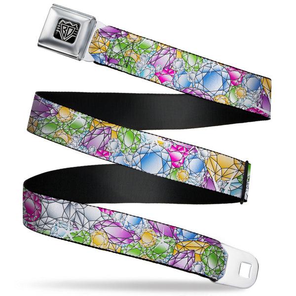 buckle down BD Wings Logo CLOSE-UP Full Color Black Silver Seatbelt Belt - Gems Stacked Multi Color Webbing