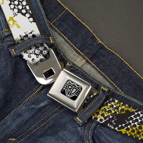 Buckle Down BD Wings Logo CLOSE-UP Full Color Black Silver Seatbelt Belt - Grunge Tread Yellow Webbing