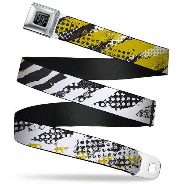 buckle down BD Wings Logo CLOSE-UP Full Color Black Silver Seatbelt Belt - Grunge Tread Yellow Webbing