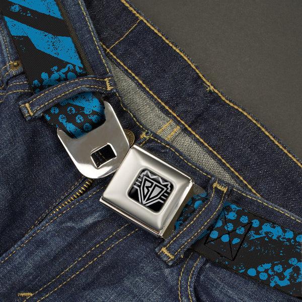 Buckle Down BD Wings Logo CLOSE-UP Full Color Black Silver Seatbelt Belt - Grunge Tread Blue Webbing